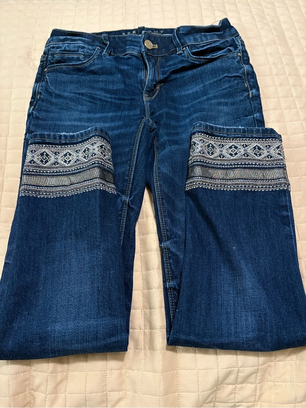 White House Black Market Dark Blue Embroidered Knee Skinny Jeans